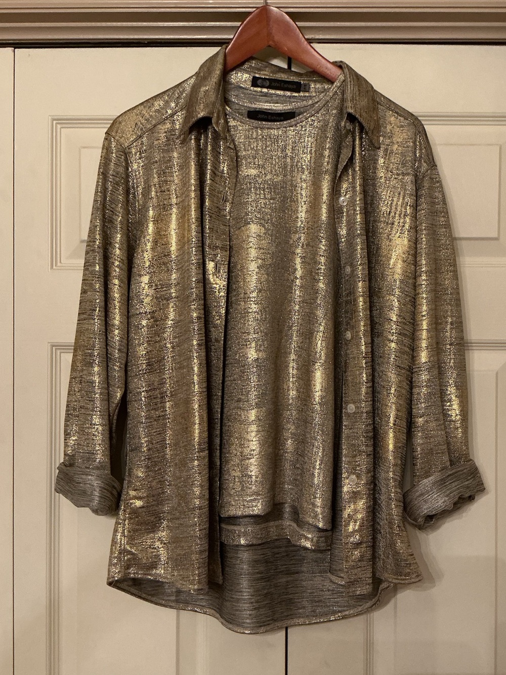 Vintage John Eshaya Gold Shimmery Set with Tank and Long Sleeve Button Up